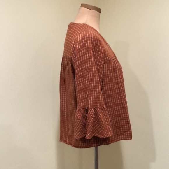 Madewell Veranda Bell Sleeve Windowpane Shirt Size Small Burnt Orange - Picture 3 of 9